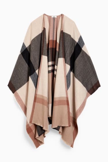 Dames - Poncho - geruit - taupe