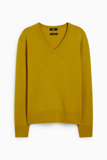 Women - Basic jumper with cashmere - wool blend - mustard yellow