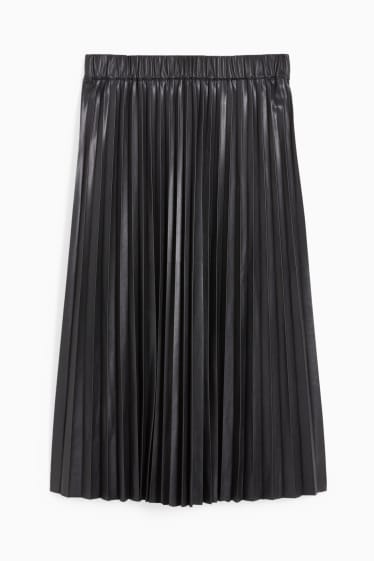 Dámské - Plisovaná sukně - imitace kůže - černá