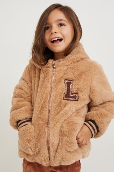 Kinder - Kunstfell-Jacke mit Kapuze - hellbeige