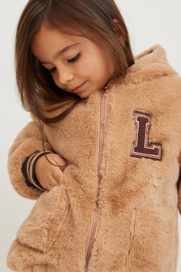 Kinder - Kunstfell-Jacke mit Kapuze - hellbeige