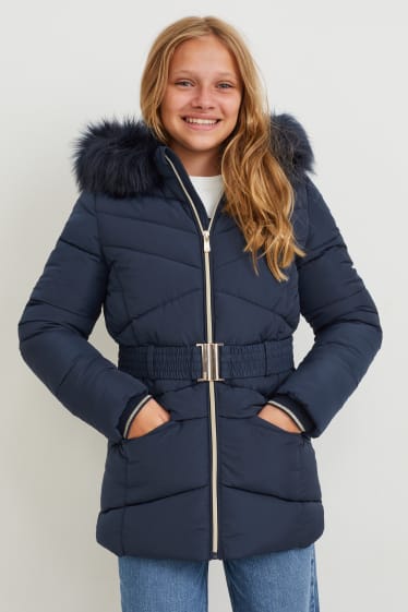 Kinderen: meisjes - Gewatteerde jas met capuchon en imitatiebontrandje - donkerblauw