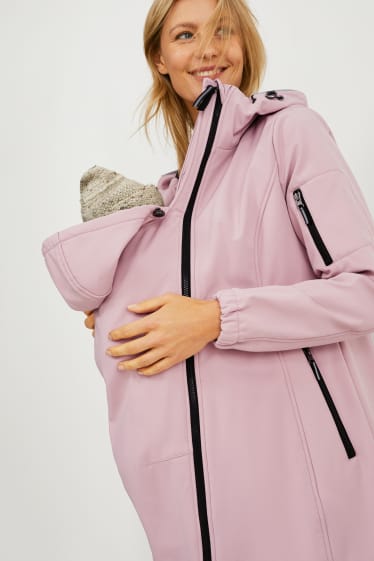 Dámské - Softshellová těhotenská bunda s kapucí - nosící - narůžovělá