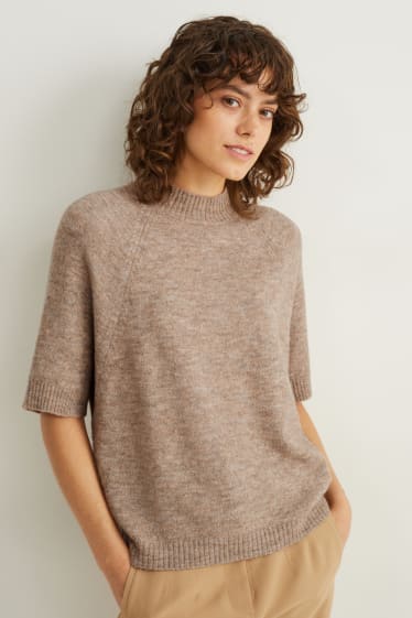 Damen - Strickpullover - kurzarm - beige-melange