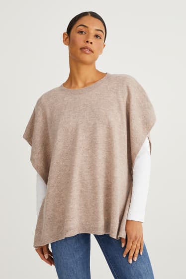 Dames - Gebreide poncho met kasjmiergehalte - wolmix - taupe