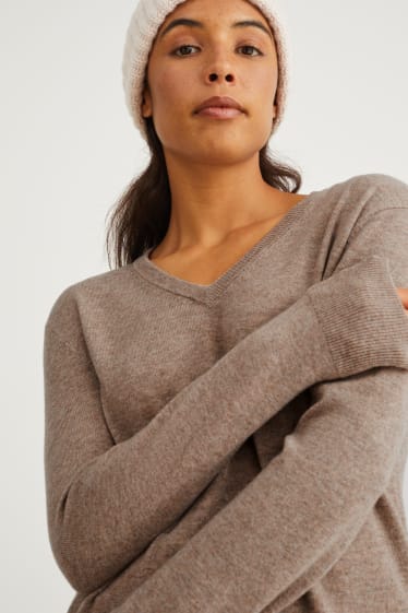 Femmes - Pullover basique avec teneur en cachemire - laine mélangée - marron clair