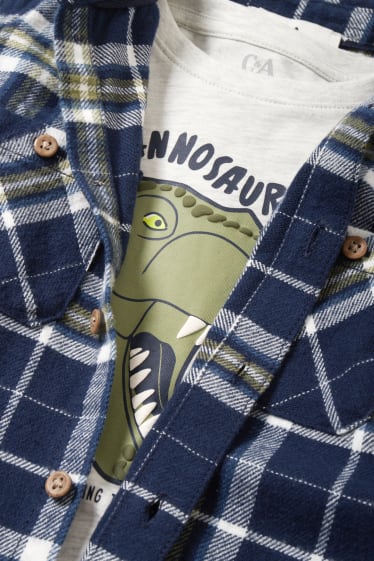 Enfants garçons - Dinosaures - ensemble - chemise en flanelle et haut à manches longues - 2 pièces - bleu foncé