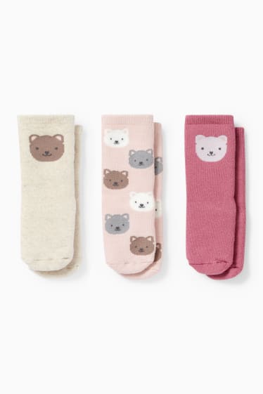 Bébés - Lot de 3 paires - oursons - chaussettes antidérapantes à motif pour bébé - beige clair
