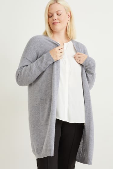 Damen - Lange Kaschmir-Strickjacke - grau-melange