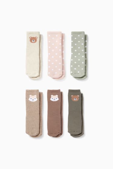 Bébés - Lot de 6 paires - animaux de la forêt - chaussettes antidérapantes à motif pour bébé - beige clair