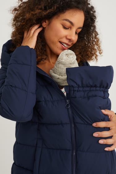 Dámské - Těhotenská prošívaná bunda s kapucí - nosící - tmavomodrá