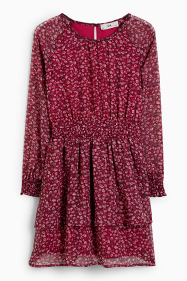 Enfants filles - Robe de gaze - à fleurs - rouge foncé