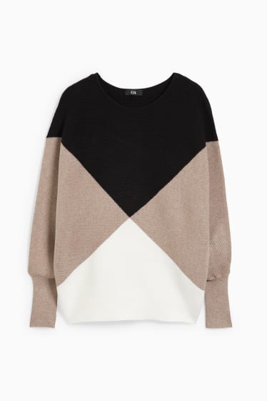 Damen - Pullover - gerippt - schwarz / beige