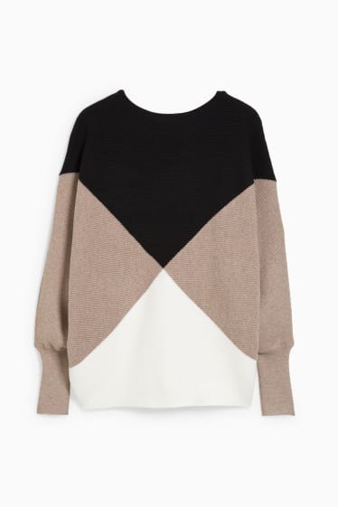 Damen - Pullover - gerippt - schwarz / beige