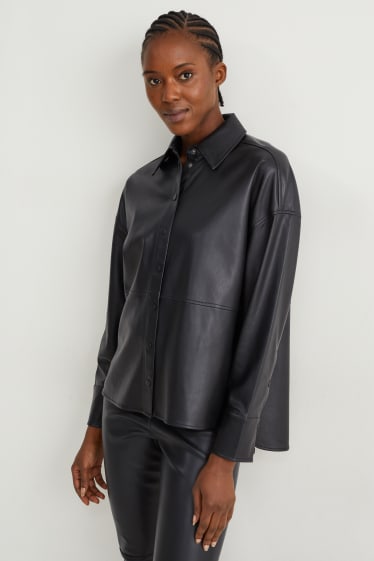 Dames - Oversized blouse - imitatieleer - zwart