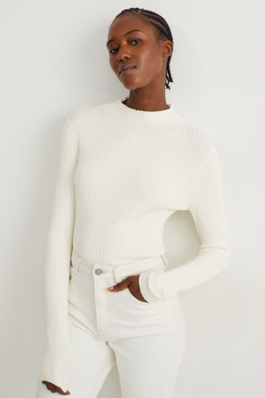 Damen - Pullover mit Stehkragen - gerippt - weiß
