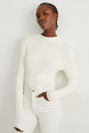 Women - Jumper with band collar - ribbed - white