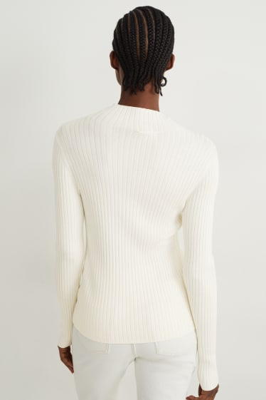 Women - Jumper with band collar - ribbed - white