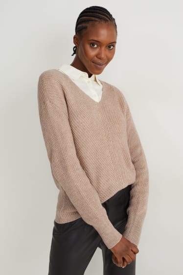 Damen - Pullover mit V-Ausschnitt - braun-melange