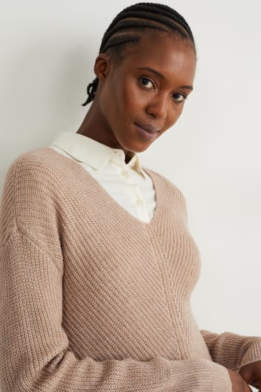 Damen - Pullover mit V-Ausschnitt - braun-melange