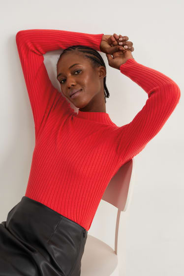 Damen - Pullover mit Stehkragen - gerippt - rot