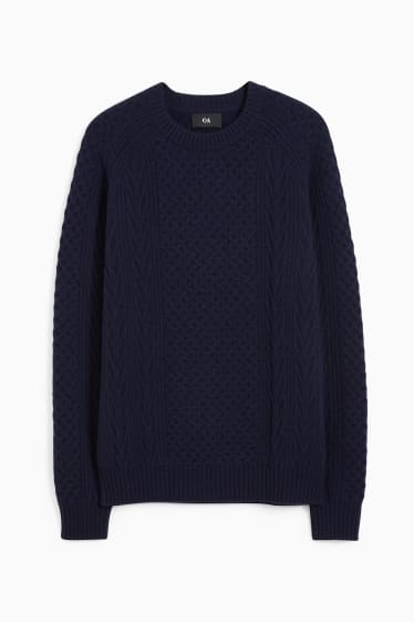 Men - Jumper with cashmere - wool blend - cable knit pattern - dark blue