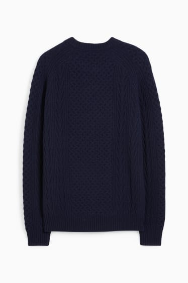 Men - Jumper with cashmere - wool blend - cable knit pattern - dark blue