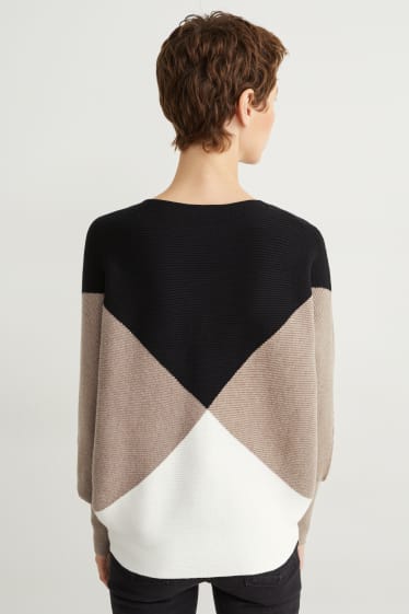 Damen - Pullover - gerippt - schwarz / beige