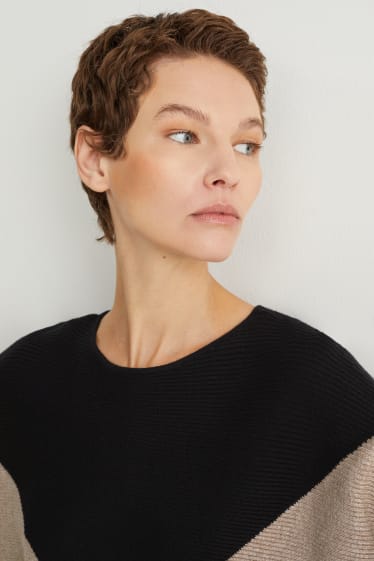 Damen - Pullover - gerippt - schwarz / beige