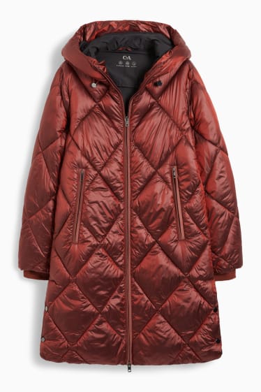 Women - Quilted coat with hood - shiny - dark red
