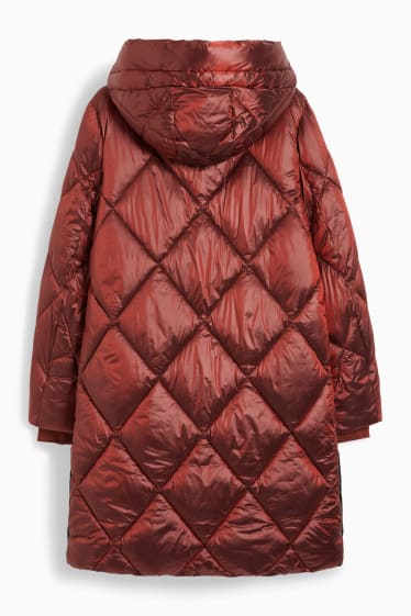 Women - Quilted coat with hood - shiny - dark red