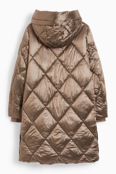 Dámské - Prošívaný kabát s kapucí - lesklý design - béžová