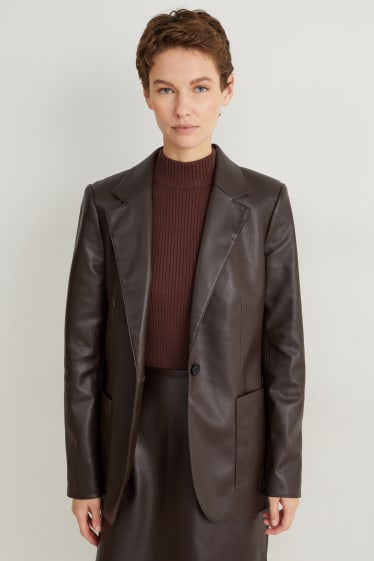 Women - Blazer - regular fit - faux leather - dark brown