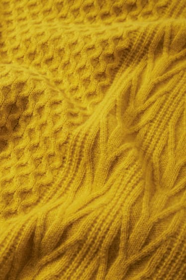 Pánské - Svetr s kašmírem - vlněná směs - copánkový vzor - hořčicově žlutá