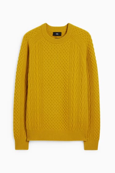 Men - Jumper with cashmere - wool blend - cable knit pattern - mustard yellow