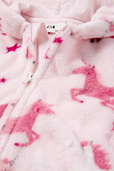 Dětské - Motiv jednorožce - fleecový overal s kapucí - růžová