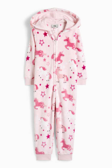 Kinderen: meisjes - Eenhoorn - onesie van fleece, met capuchon - roze