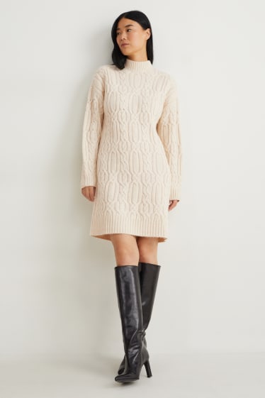 Women - Knitted dress - cable knit pattern - light beige