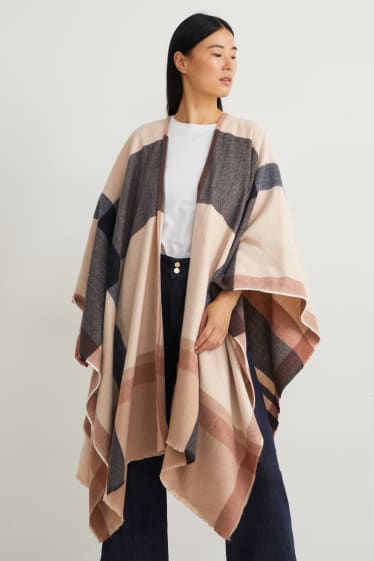 Women - Poncho - check - taupe