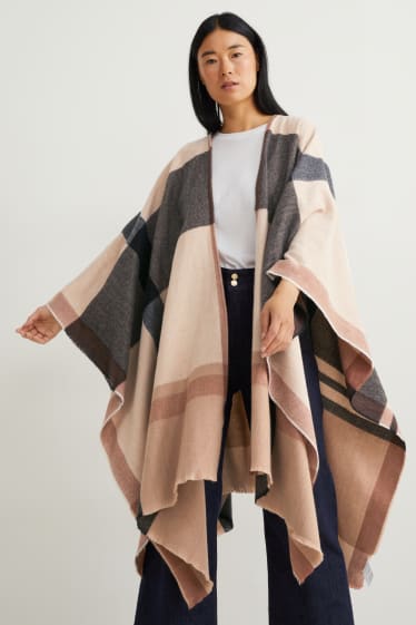 Women - Poncho - check - taupe