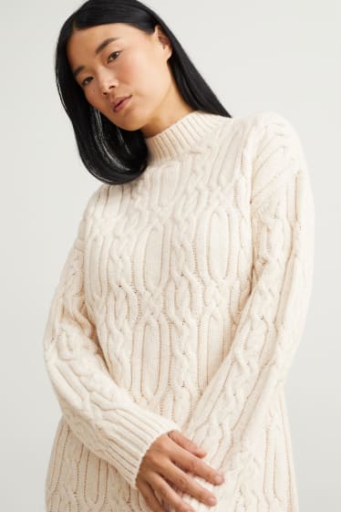 Women - Knitted dress - cable knit pattern - light beige