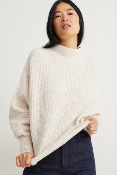 Damen - Pullover mit Stehkragen - hellbeige
