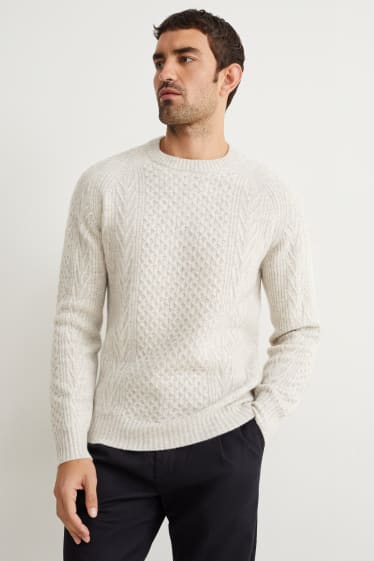 Hommes - Pull contenant du cachemire - mélange de laine - motif tressé - beige clair