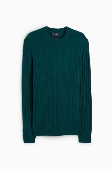Mężczyźni - Sweter z dodatkiem kaszmiru - miks wełniany - warkoczowy wzór - ciemnozielony
