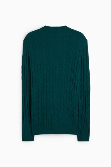 Mężczyźni - Sweter z dodatkiem kaszmiru - miks wełniany - warkoczowy wzór - ciemnozielony