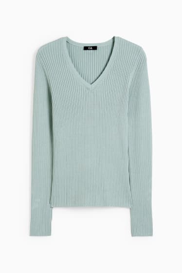 Femmes - Pullover basique à col V - matière côtelée - vert menthe