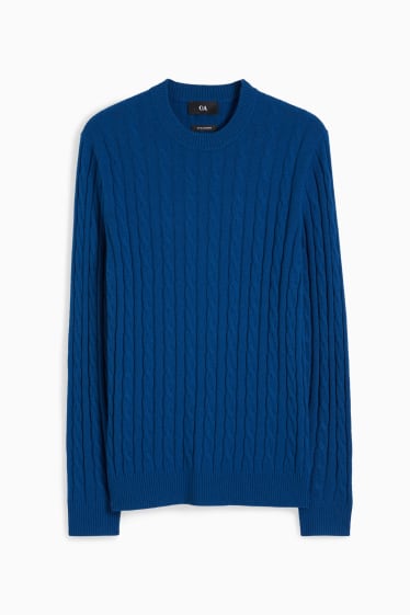 Mężczyźni - Sweter z dodatkiem kaszmiru - miks wełniany - warkoczowy wzór - niebieski
