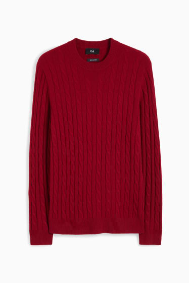 Mężczyźni - Sweter z dodatkiem kaszmiru - miks wełniany - warkoczowy wzór - ciemnoczerwony
