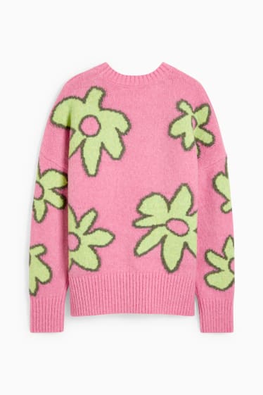 Damen - Pullover - geblümt - rosa
