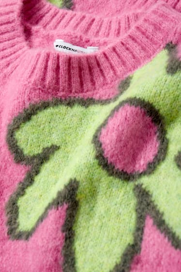Damen - Pullover - geblümt - rosa